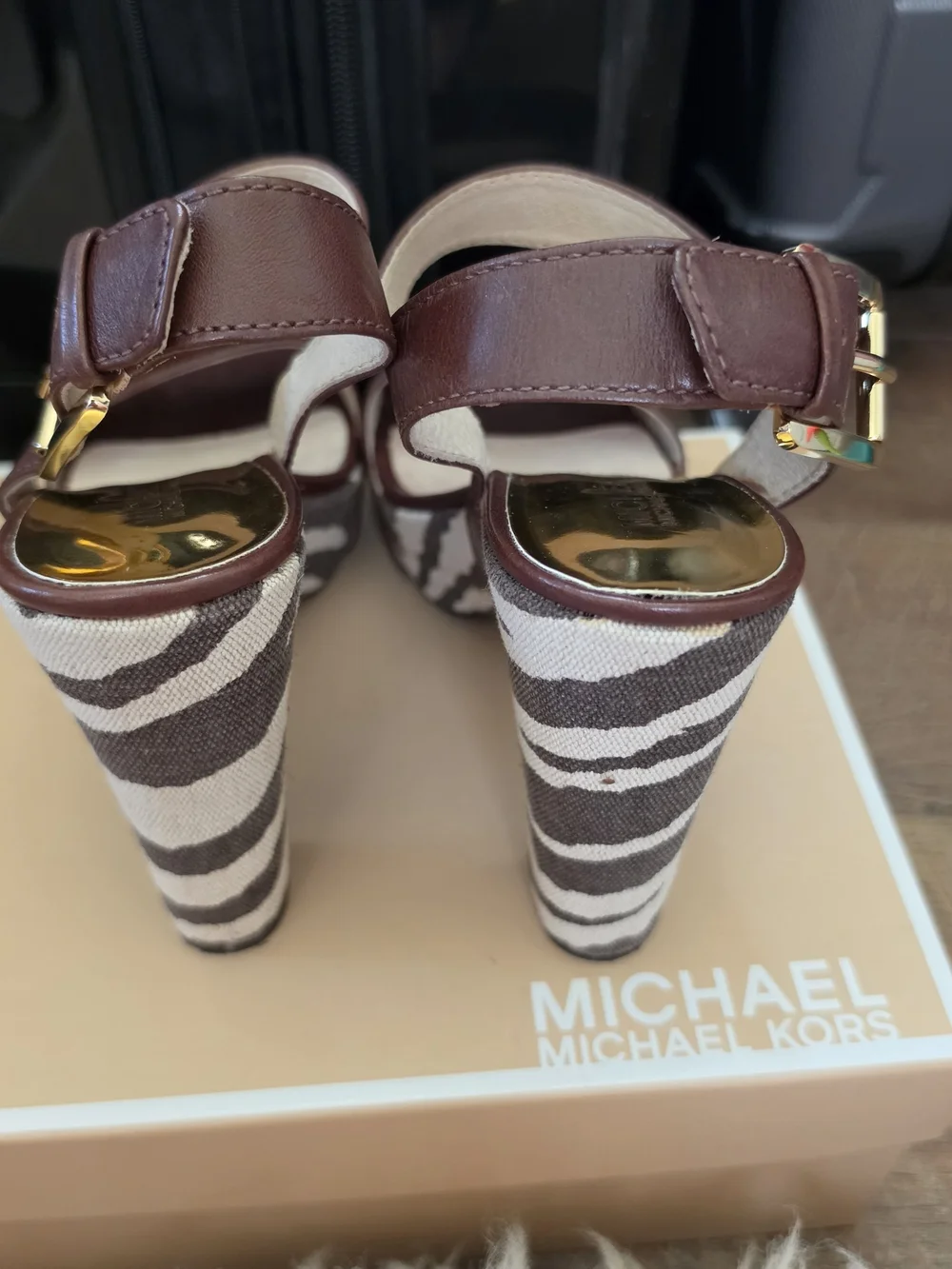 Michael Kors Maroon Leather Platform Sandals with Striped Fabric Heel
